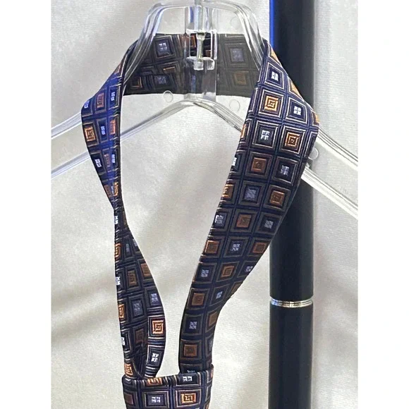 Robert Talbots Navy Blue Orange Geometric Square Pattern Silk Mens Tie